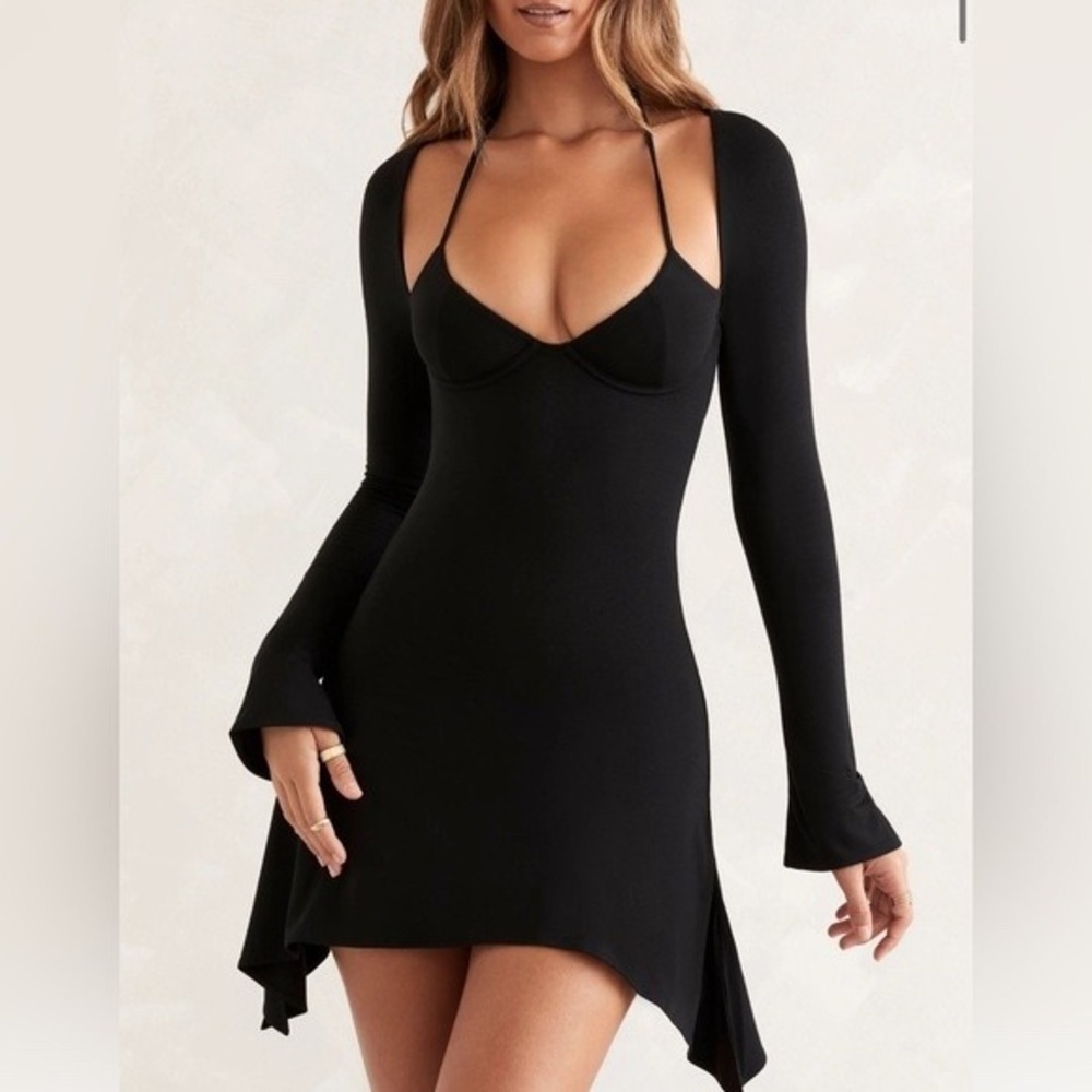 Oh Polly Black Underwired Halter Open Back Bell Sleeve Mini Dress US 4 NEW